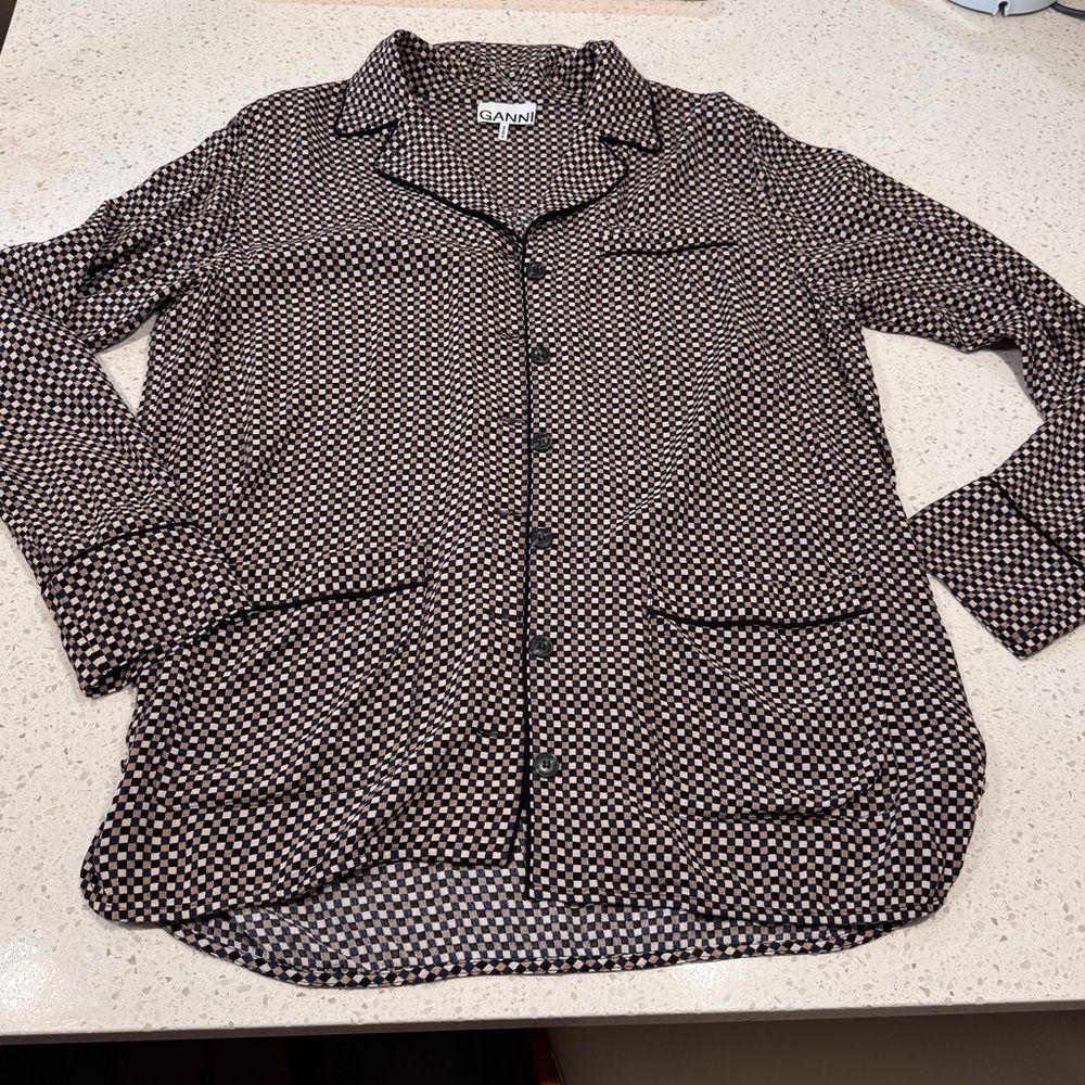 Ganni Brown and Black Checked Button-Down Top